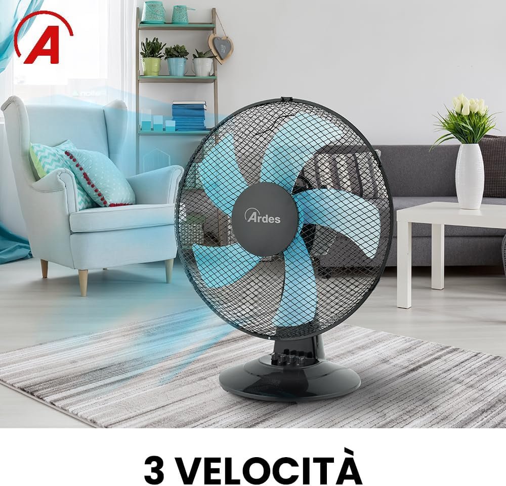 Ventilatore da tavolo Ardes AR5ST40N STEELO 40N - 5 Pale - Oscillante con Inclinazione Regolabile - 3 Velocità - Silenzioso
