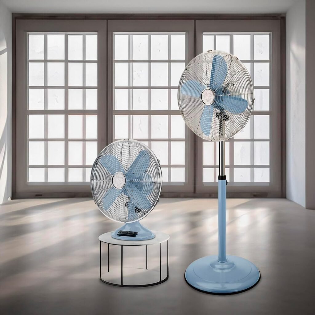 Ventilatore a piantana vintage in metallo verniciato 50W con regolazione intensità e direzione aria. Altezza regolabile, elica Ø 40 cm, selettore 3 velocità (Azzurro, piantana)