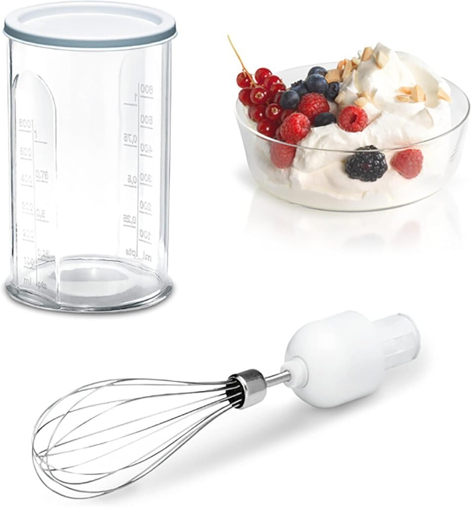 Frullatore a immersione Bosch ErgoMixx, 600W, comodo da usare e pulire. 12 velocità, tritatutto, frusta e bicchiere graduato inclusi. Bianco classe di efficienza energetica A.