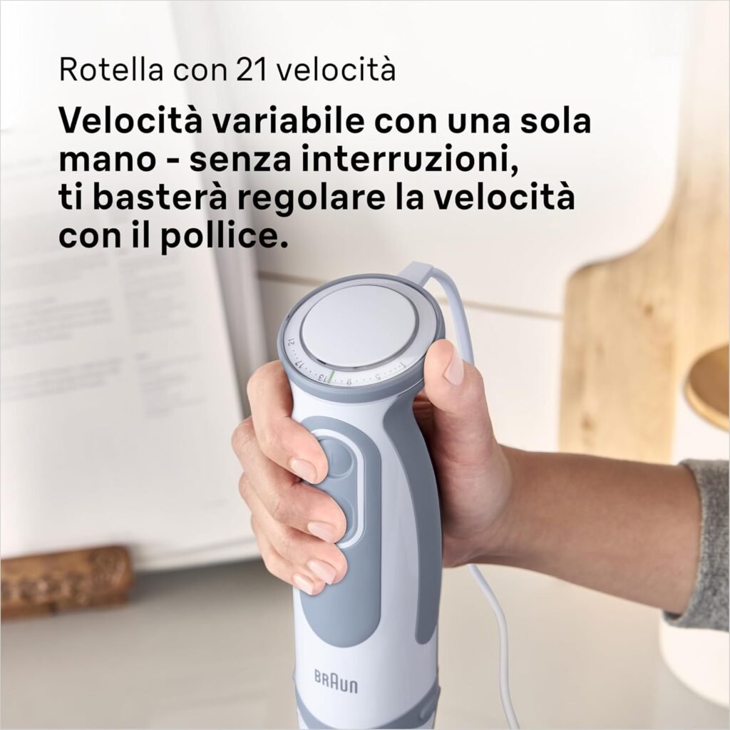 Braun MultiQuick5 Vario MQ5235WH MINIPIMER CON 5 ANNI DI ASSISTENZA, Frullatore, 21 velocità, Dotato di tritatutto da 500ml, frusta e Bicchiere da 600ml, Potenza 1000W, 3 accessori, bianco/grigio [Classe di efficienza energetica A]