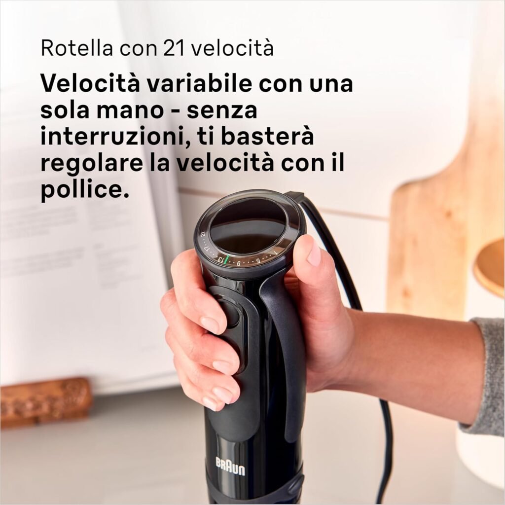 Frullatore ad Immersione Braun Multiquick7 MQ5237, 21 Velocità - 1000watt, Nero. Dotato di Tritatutto da 500ml, Schiacciapatate, Frusta a Filo e Bicchiere.