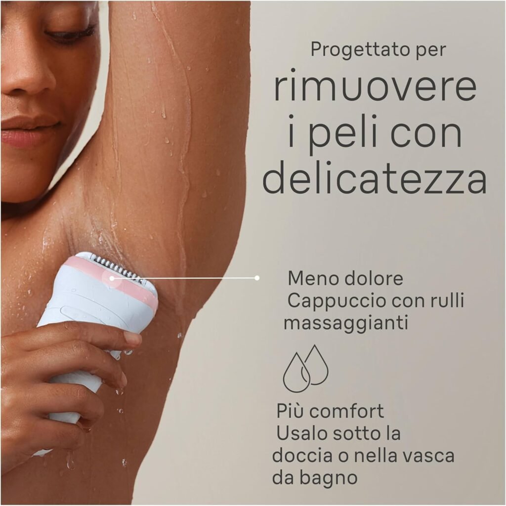 Epilatore elettrico Braun Silk-épil 7 per una depilazione semplice e efficace, con testina ampia wet & dry per una pelle liscia a lungo. Colore bianco/rosa.