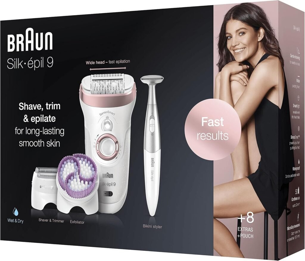Depilatore donna Braun Silk-épil 9 con testina radente e rifinitore, cappuccio massaggiante. Acquista ora il regalo perfetto per lei! Bianco e rosa 9-980.