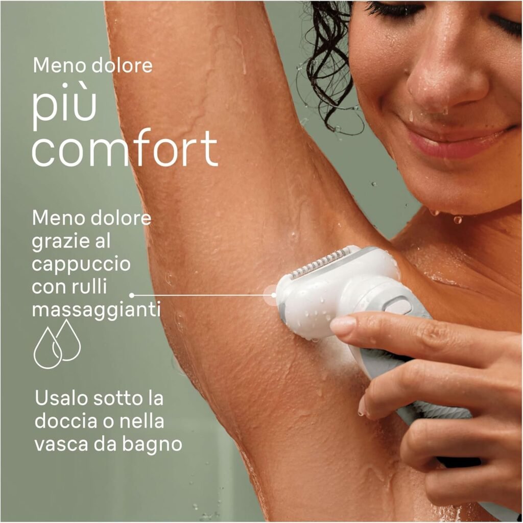 Epilatore elettrico donna Braun Silk-épil 9 con testina flessibile per una depilazione semplice. Wet & Dry per una pelle liscia a lungo. Colore bianco/argento.