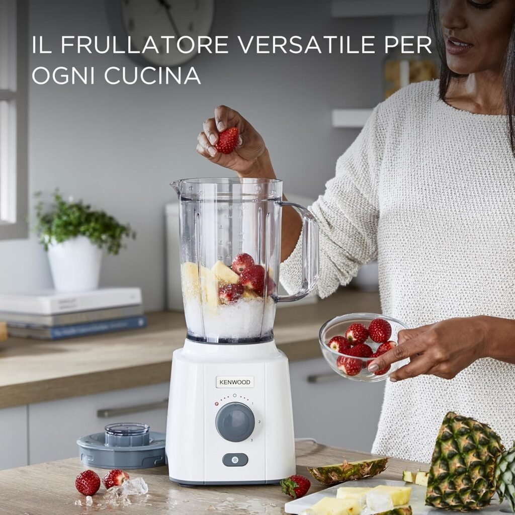 Kenwood BLP41.A0WH Frullatore - Caraffa da 2 L dotata di maniglia pratica, lame in Acciaio - 3 velocità + Pulse - Coperchio con tappo - Piedini antiscivolo - 650 watt - Plastica Bianco e Grigio
