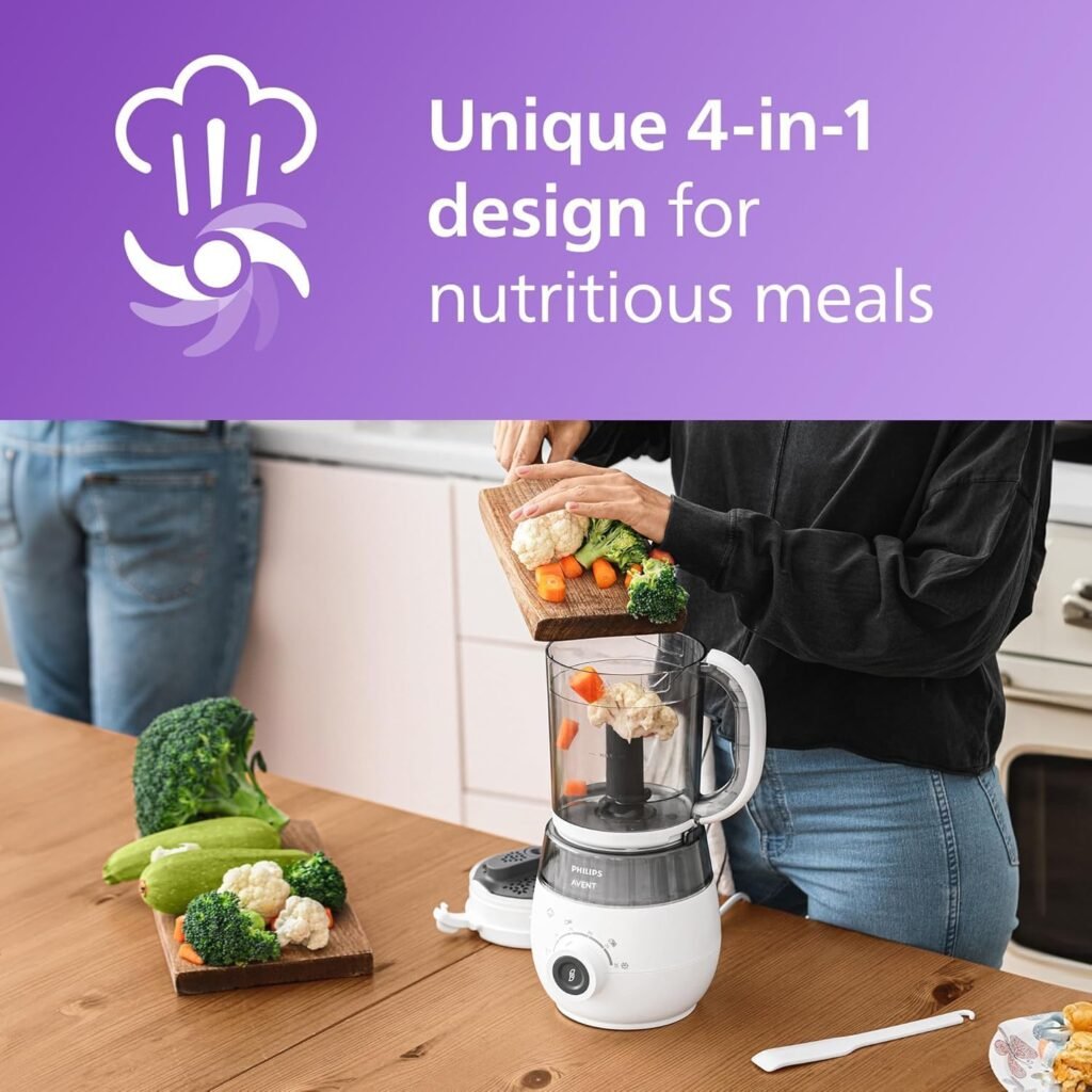 Philips Avent SCF883/01 EasyPappa Plus 4 in 1 Cuocipappa Multifunzione, Cuoci a Vapore, Frulla, Scongela e Riscalda in un Recipiente, 1 litro, Bianco/Grigio - Immagine del prodotto.