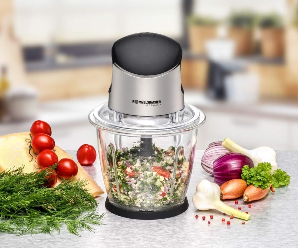 Tritatutto Multiuso Rommelsbacher MZ con Lama Speciale a 4 Pale, Motore Potente da 500 Watt, Contenitore in Vetro da 1,5 Litri, Nero/Cromo Spazzolato. Realizzato in Acciaio Inox e Plastica Cromata Inossidabile [Classe di Efficienza Energetica B]