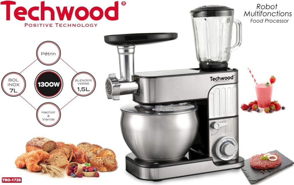 Robot da pasticceria multifunzione Techwood con ciotola in acciaio da 7L - 1300 Watt, 3 in 1, frullatore in acciaio inox.