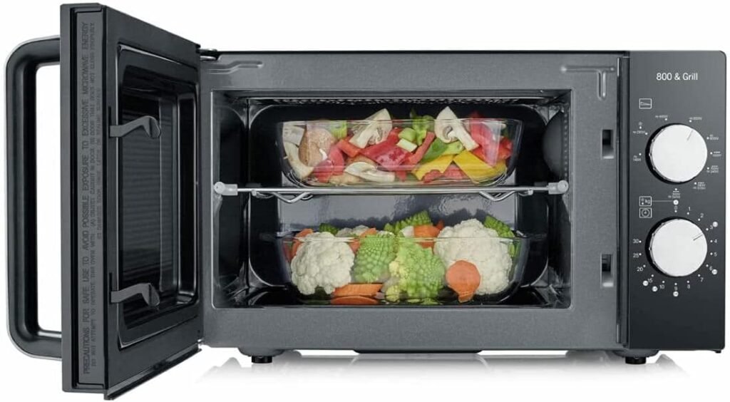 SEVERIN Forno a microonde 2 in 1 con fondo in ceramica e grill, forno a microonde per scongelare e riscaldare, con grande superficie utile per stoviglie quadrate, nero/acciaio inox, MW 7762 - Immagine del prodotto.