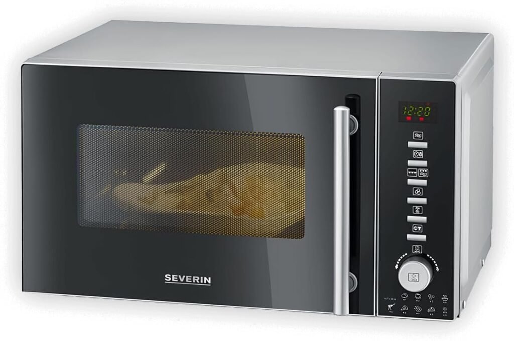 SEVERIN Microonde 3 in 1 con griglia e funzione aria calda, mini forno a microonde con 10 livelli di potenza, forno a microonde multifunzione con piatto girevole e griglia, nero, MW 7773 - Immagine del prodotto.