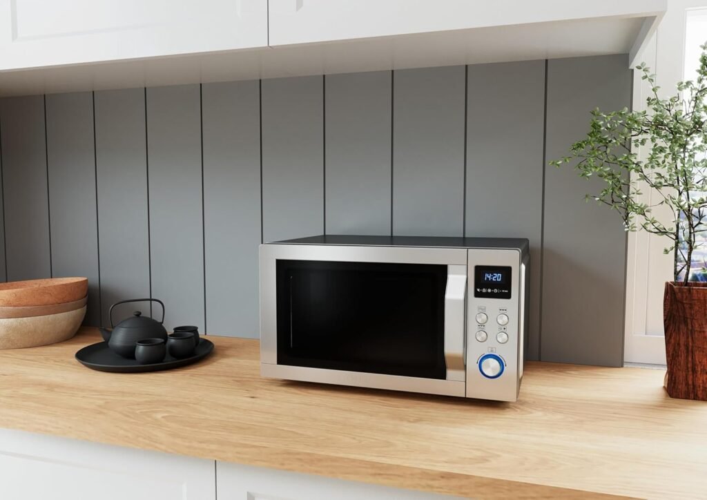 Forno a microonde Severin MW 7751 2 in 1, 800 W, funzione grill, griglia e piatto girevole, Ø 24,5 cm, Be-Silent, acciaio inox/nero. Classe di efficienza energetica A++