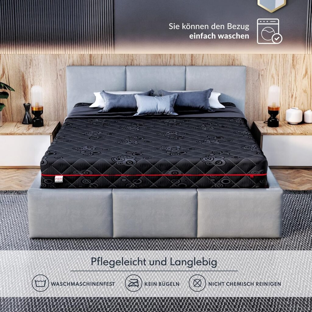 Materasso matrimoniale FDM BLACK MAX 180x200 cm, altezza 28 cm. Materasso a molle insacchettate con schiuma di memoria visco lattice Cocò. Grado di rigidità H3 H4 su due lati. Certificato OEKO-TEX, anallergico.