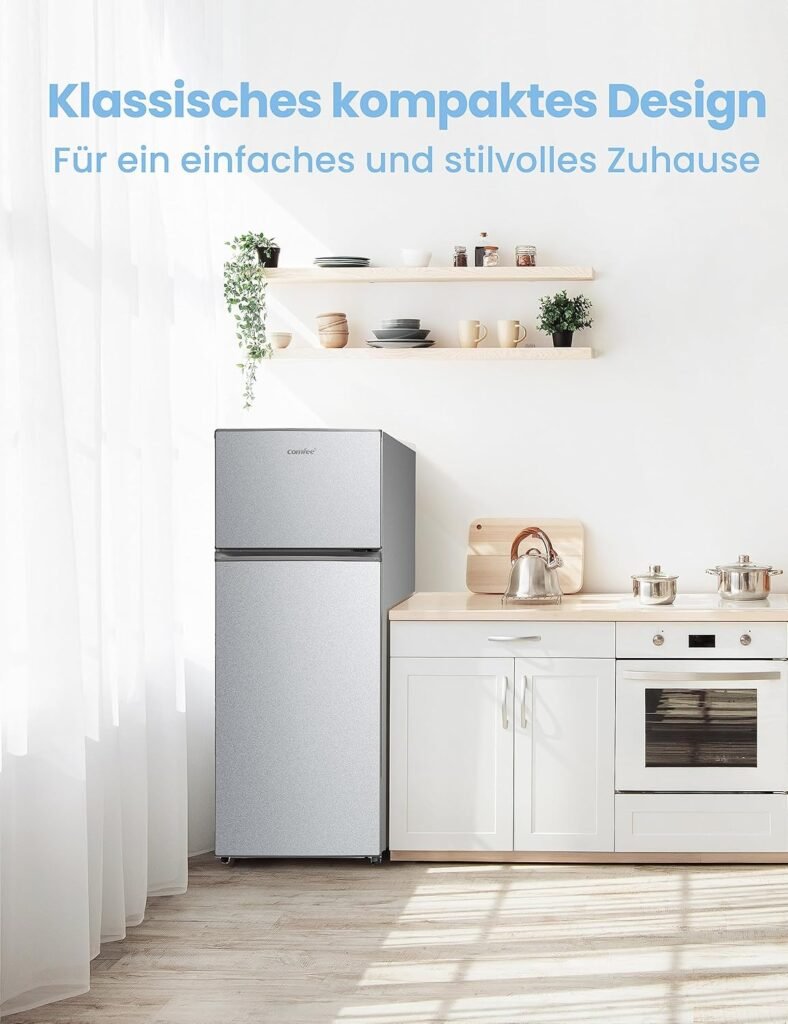 Frigorifero con congelatore COMFEE' RCT284DS2, classe di efficienza energetica E - 176 kWh/anno - Altezza 143 cm - Luce LED - Cerniera porta reversibile - Argento.