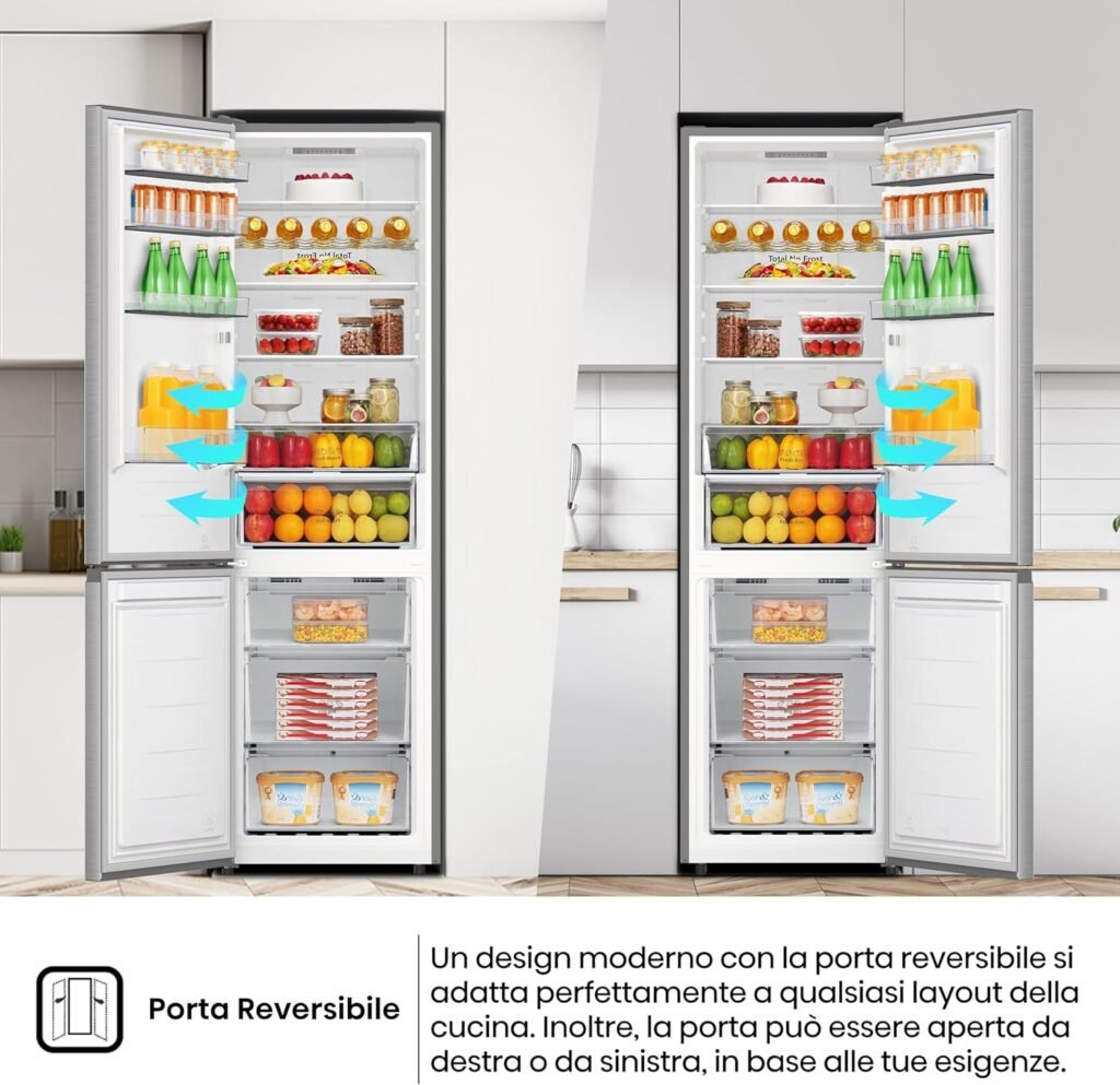 Frigorifero combinato Hisense RB440N4ACA Total No Frost in acciaio inossidabile con risparmio energetico Classe A, grande capacità di 335L, bassa rumorosità di 35db, porta reversibile e motore inverter.