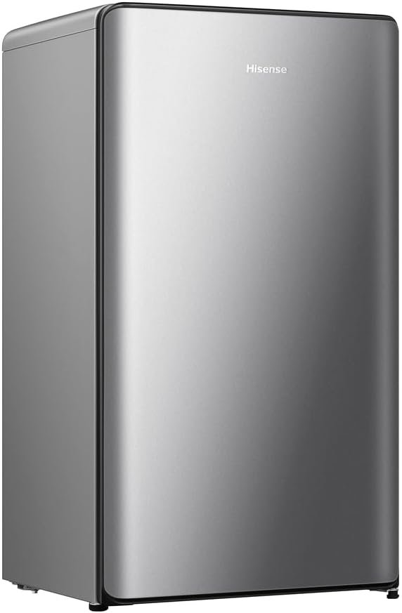 Frigorifero Hisense RR106D4CDE silver shadow a porta singola con design curvilineo. A 3 stelle, 82 L, classe E [Classe di efficienza energetica E].