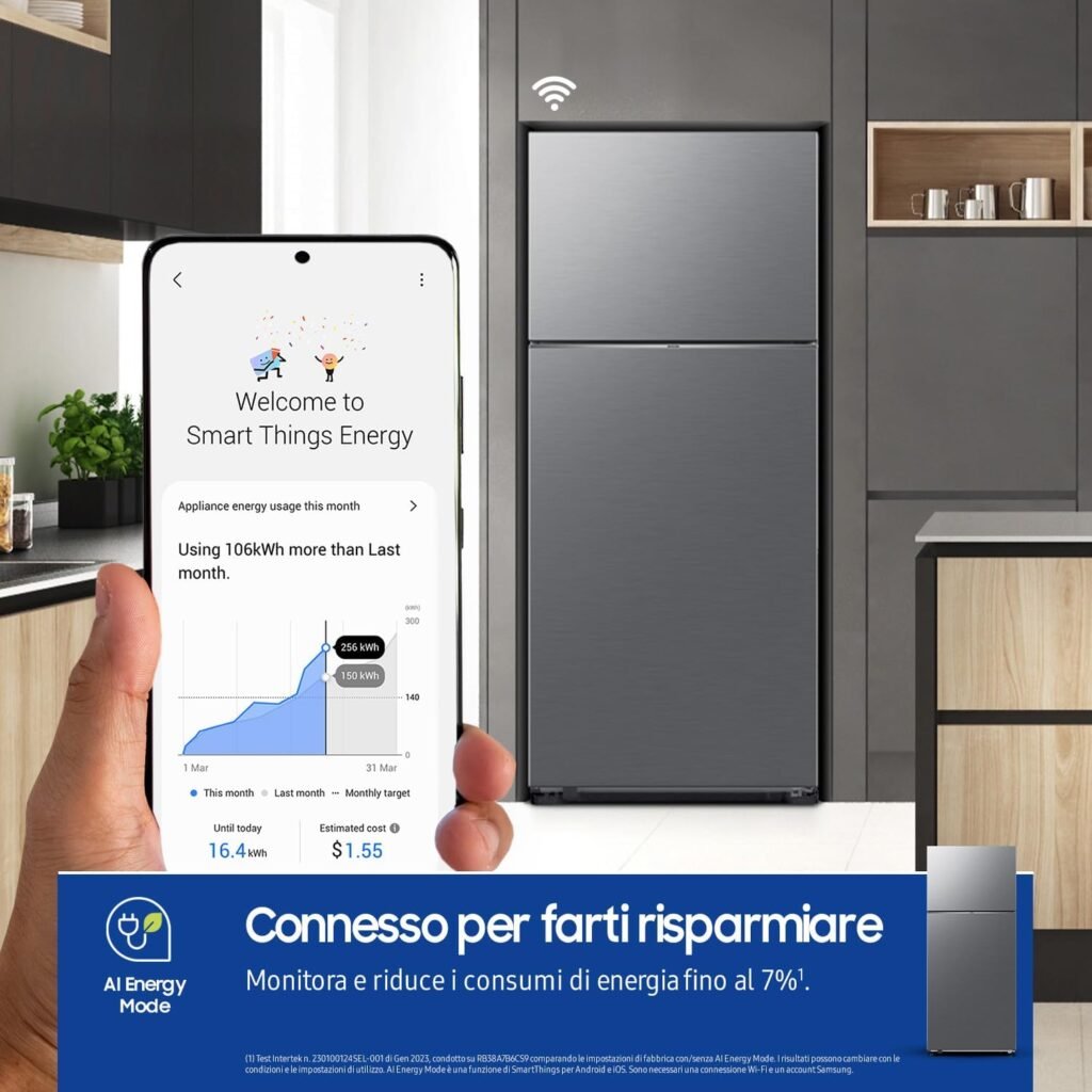 Frigorifero Doppia Porta Samsung RT53DG7A14S9/EF, Wifi con AI Energy Mode, Smart Cooling, Twin Cooling Plus, 530L, Metal Inox - Classe di efficienza energetica E. Acquista ora e goditi la massima efficienza energetica con il frigorifero Samsung RT53DG7A14S9/EF. Con Wi-Fi integrato e modalità AI Energy Mode, questo frigorifero intelligente offre una tecnologia di raffreddamento avanzata grazie al sistema Smart Cooling e Twin Cooling Plus. Con una capacità di 530L e dimensioni di 79 x 185,5 x 72,5 cm, questo frigorifero è perfetto per soddisfare le esigenze di spazio della tua cucina. Acquista ora e vivi un'esperienza di refrigerazione all'avanguardia con Samsung.