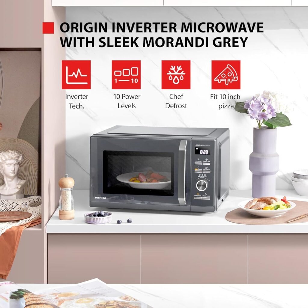 Forno a microonde da 25 L Toshiba - 900 W - Grigio Morandi - Origin Inverter - Chef Defrost - 10 livelli di potenza - 7 menu automatici - facile pulizia - MW3-AM25PFI