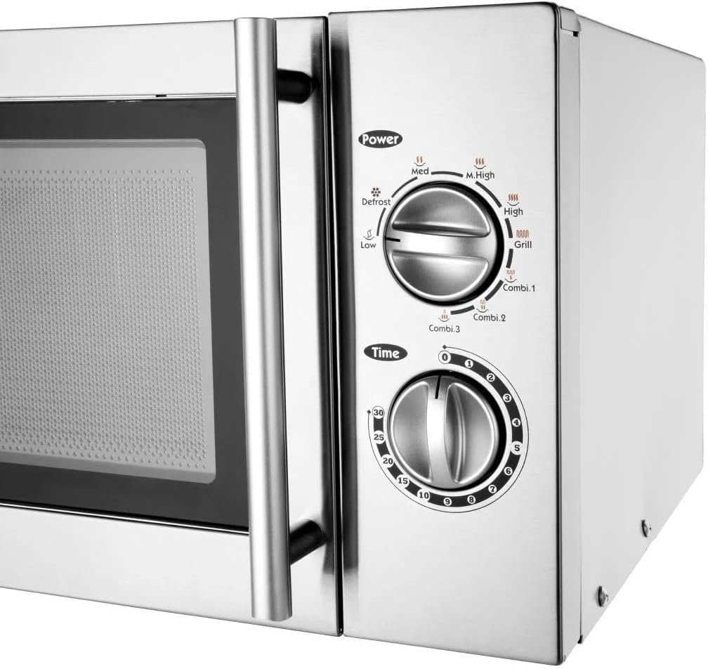 Forno a microonde e griglia Caterlite 900W 23L in acciaio inossidabile con 5 impostazioni di potenza, timer da 30 minuti - Dimensioni 281 x 483 x 396.