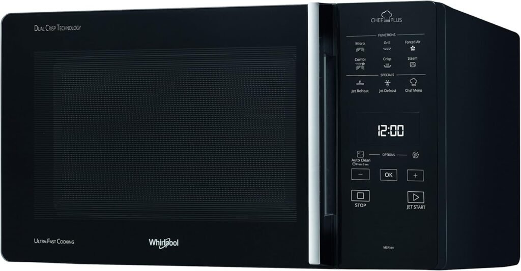 Whirlpool MCP 349 BL Chef Plus Microonde termoventilato combinato, con griglia alta, griglia bassa, piatto Crisp + maniglia, 25 litri, Nero & AVM190 Piatto Crisp a bordo alto (tortiera) - Immagine del prodotto con accessorio incluso.