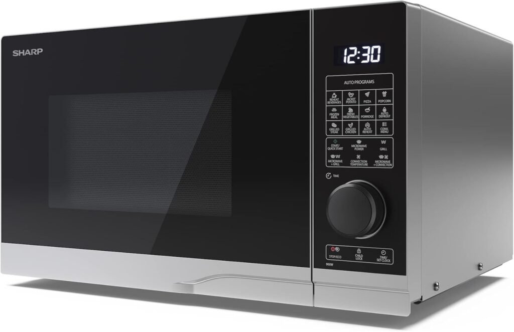 Forno a microonde SHARP YC-PC254AE-S con griglia e aria calda - 900 W, 25 l - 10 livelli di potenza - Funzione Eco e scongelamento - Argento/Nero