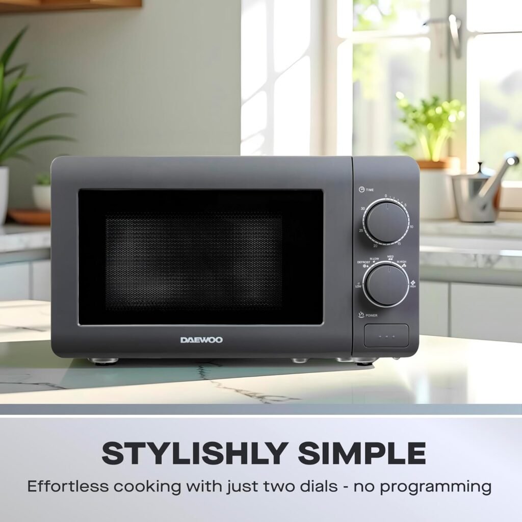 Microonde Daewoo SDA1961 da 20 litri con 5 impostazioni di potenza e timer da 30 minuti, segnale di uscita cottura e sbrinamento, porta a pulsante e interno bianco.