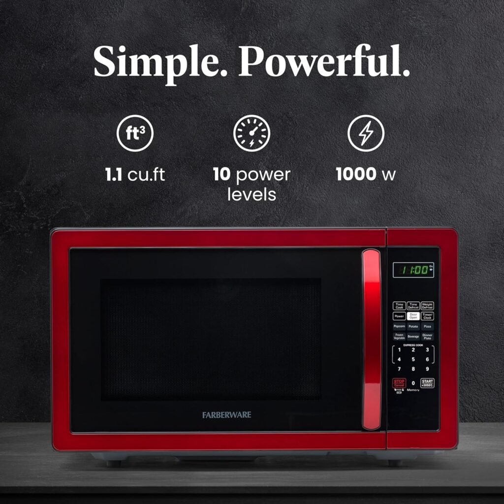 Forno a microonde Farberware da 1000 W, 1,1 cu ft - Forno a microonde con illuminazione a LED e blocco per bambini, perfetto per appartamenti e dormitori, rosso metallizzato. Facile da pulire e ideale per cucine moderne.