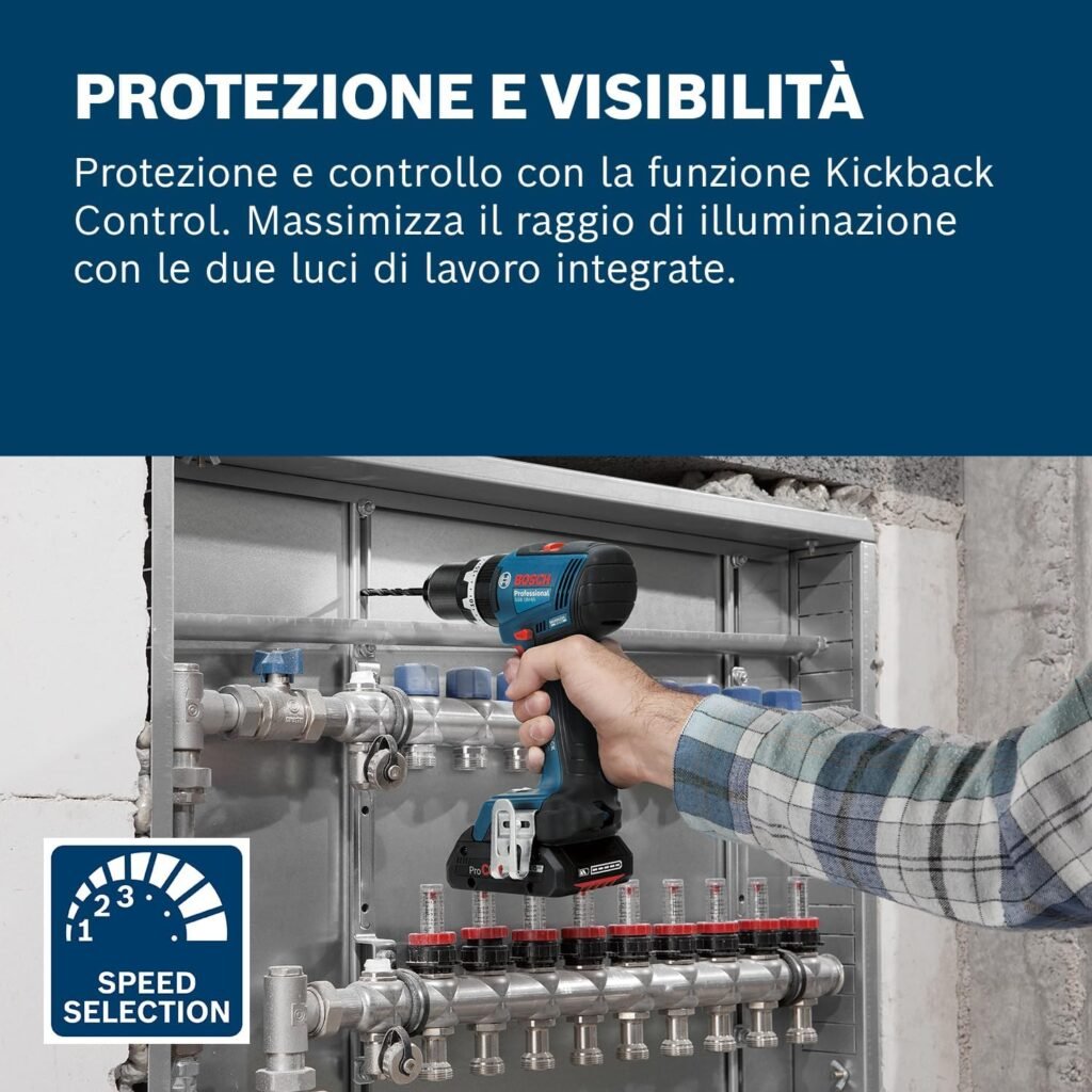 Trapano-avvitatore Bosch Professional 18V System GSB 18V-65 con motore brushless, lunghezza della testa 175mm. Include 2 batterie ProCORE18V da 4.0Ah, caricabatterie GAL 18V-40, custodia L-Case e accessori.
