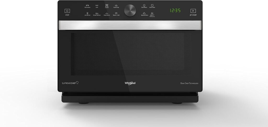 Whirlpool Libera installazione MWP 337 SB - Forno a Microonde Supreme Chef + Grill - Forno a Microonde con double steamer, Griglia alta, piatto Crisp + maniglia, 33 litri, Nero/Argento, 37.3 x 49 x 49.5 cm.