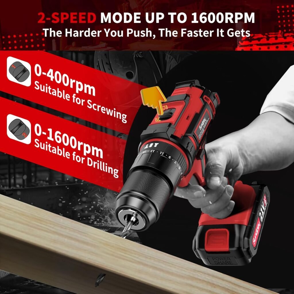 Trapano a percussione senza fili 21 V Sundpey - Avvitatore elettrico con batterie al litio, regolazione di coppia e mandrino metallico.