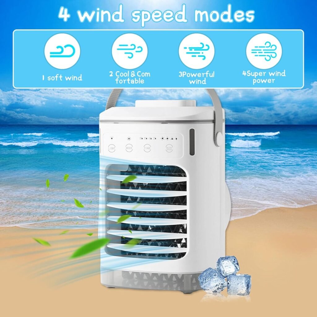 Raffreddatore d'aria portatile 4 in 1 con 4 velocità del vento e 2 scatole di cristallo di ghiaccio - Ventola d'aria fredda da 700 ml con spray e luce notturna colorata.