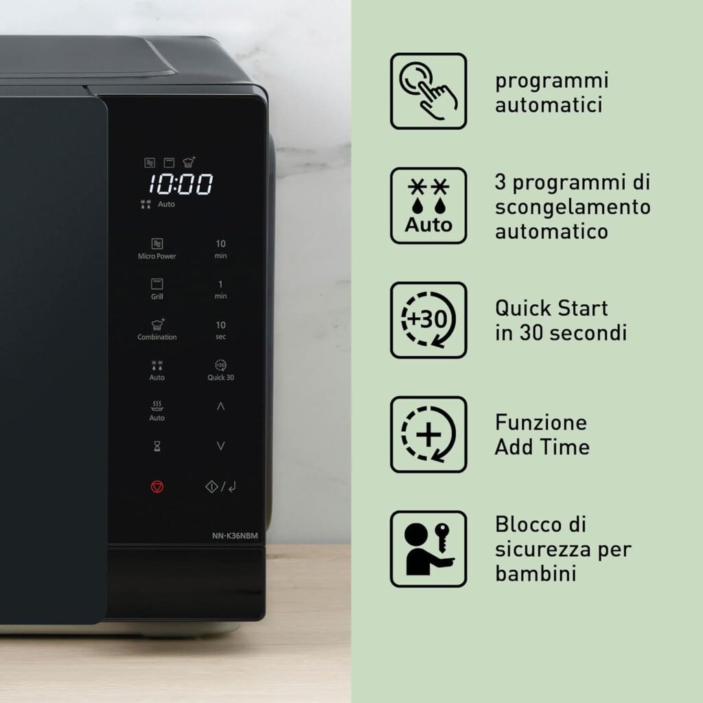 Forno a Microonde Panasonic NN-K36NBMEPG con Grill - 24 Litri, 900W di Potenza, 11 Programmi Automatici - Tecnologia Dual Cooking - Funzione Quick 30'' - Colore Nero.
