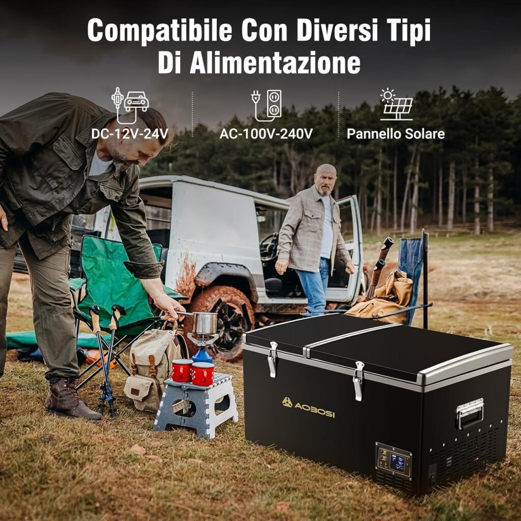 Frigorifero portatile da campeggio AAOBOSI 78L con doppia zona, controllo dell'app e classe di efficienza energetica E. Ideale per auto, camion, camper e barca.