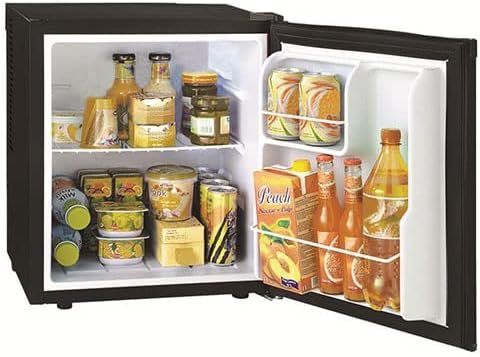 Mini Frigo Bar Nero Silenzioso Sirge senza compressore - Ideale per hotel e camere da letto. Frigorifero Classe di Efficienza Energetica F. Dimensioni: 430(L) x 410(P) x 510(H) mm. Capacità di 38 litri.