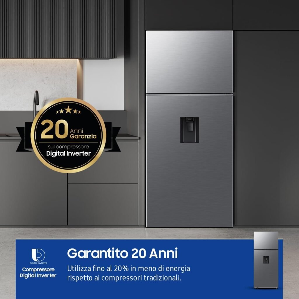 Frigorifero Doppia Porta Samsung RT53DG7B14S9/EF, Wifi con AI Energy Mode, Smart Cooling, Dispenser Acqua, Twin Cooling Plus, 528 L, LxAxP: 79 x 185,5 x 72,5 cm, Metal Inox [Classe di efficienza energetica E] - Immagine del prodotto #Samsung #Frigorifero #DoppiaPorta #AI #SmartCooling #DispenserAcqua #TwinCoolingPlus #MetalInox #ClasseEnergiaE