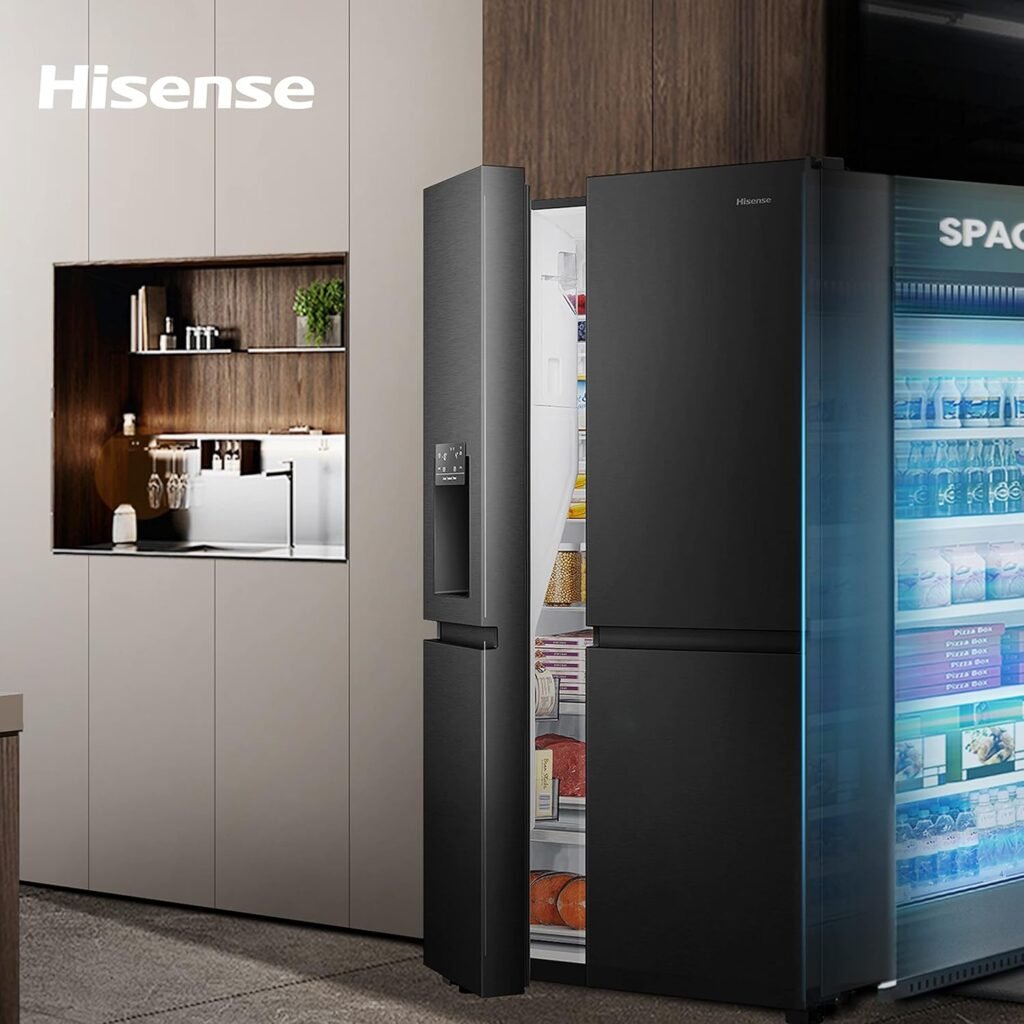 Frigorifero Side By Side Hisense RS818N4TFE, 632 L, Classe E, Nero Inox, Display Touch con Controllo Vocale [Classe di efficienza energetica E]
