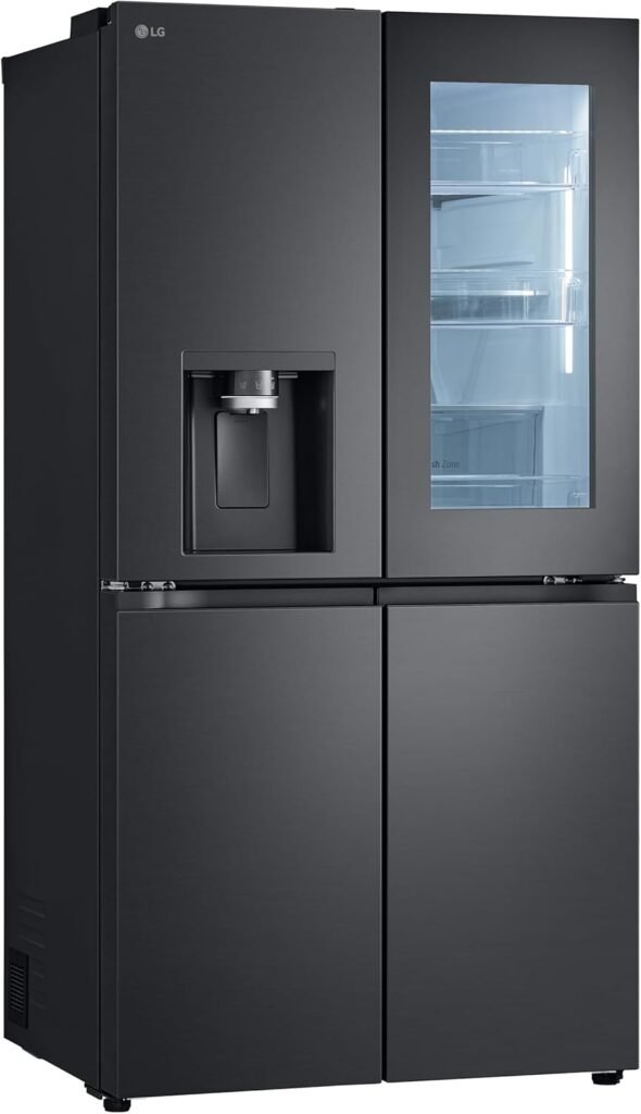 Frigorifero LG GMG960EVJE Multidoor Instaview 4 Porte 638l Nero - Classe E con Dispenser Acqua e Ghiaccio Uvnano, Connettività Wi-fi e App Thinq - Metal Fresh e Ripiano Pieghevole.