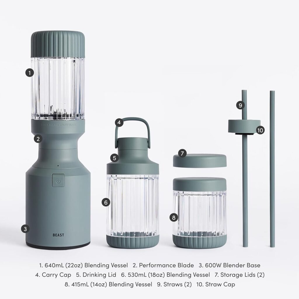 Mini frullatore da cucina The Beast Plus | 600 W nebbia | Mixer per frullati, condimenti e salse | Contenitori extra, coperchio di paglia e cannucce inclusi
