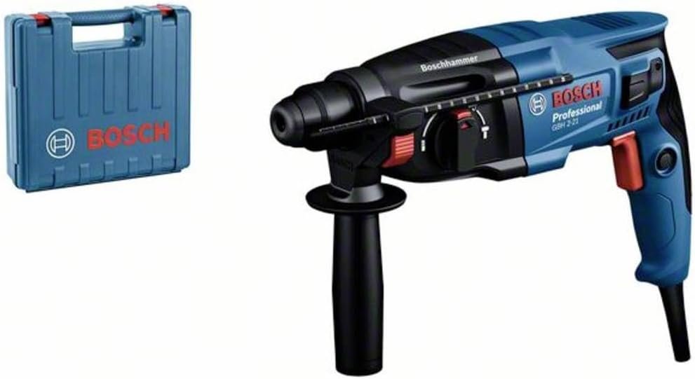 Martello perforatore GBH 2-21 D Bosch Professional - Immagine del prodotto con SDS plus, impugnatura supplementare, panno, asta di profondità e valigetta.