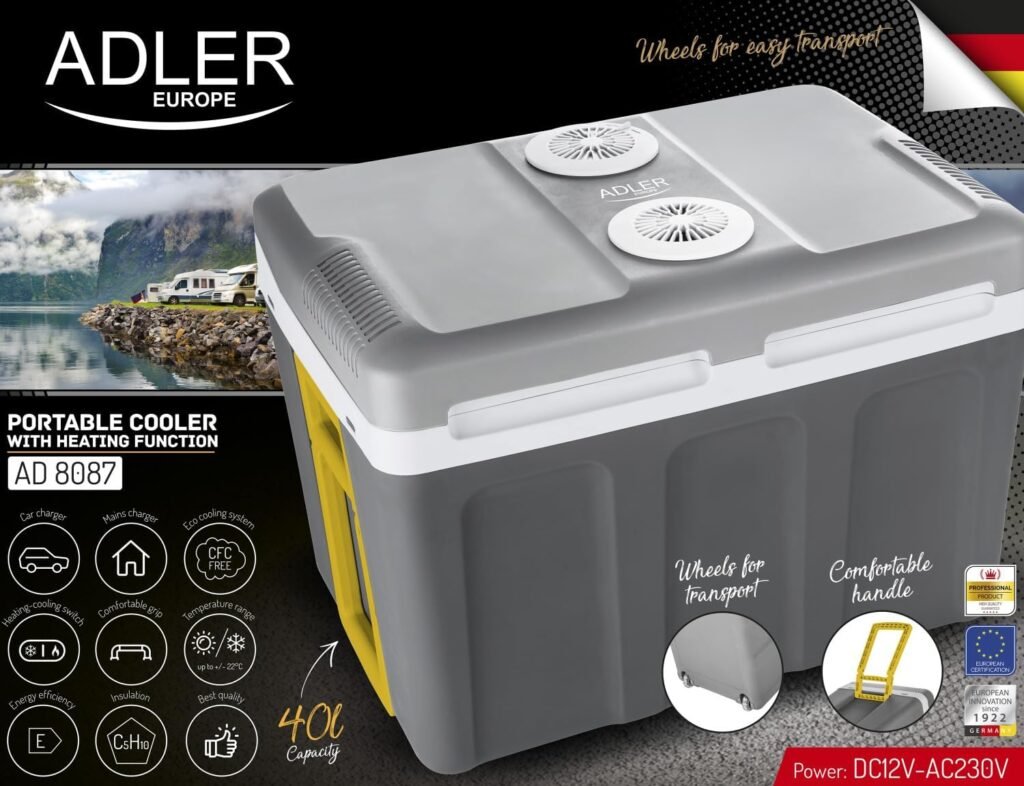 Frigorifero portatile da 12 V, 230 V, 40 l, con ruote, ideale per viaggi e campeggio e tempo libero - ADLER [Classe di efficienza energetica E]