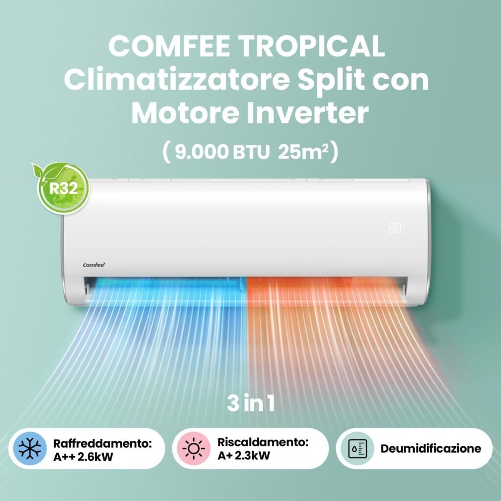 Climatizzatore Monosplit 9000 BTU Inverter, 1 Unità Interna + 1 Unità Esterna, Condizionatore Fisso Classe A++/A+, Kit Wi-Fi incluso, GAS R32, TROPICAL 9K [Classe A++]