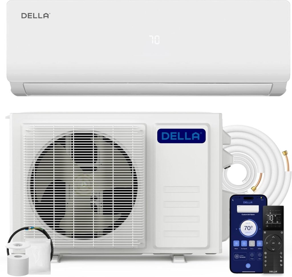 Aria Condizionata Split DELLA da 12000 BTU 19 SEER2, WLAN Compatibile - Raffredda fino a 550 metri quadrati, Alta Efficienza Energetica - Riscaldamento Senza Condotti.