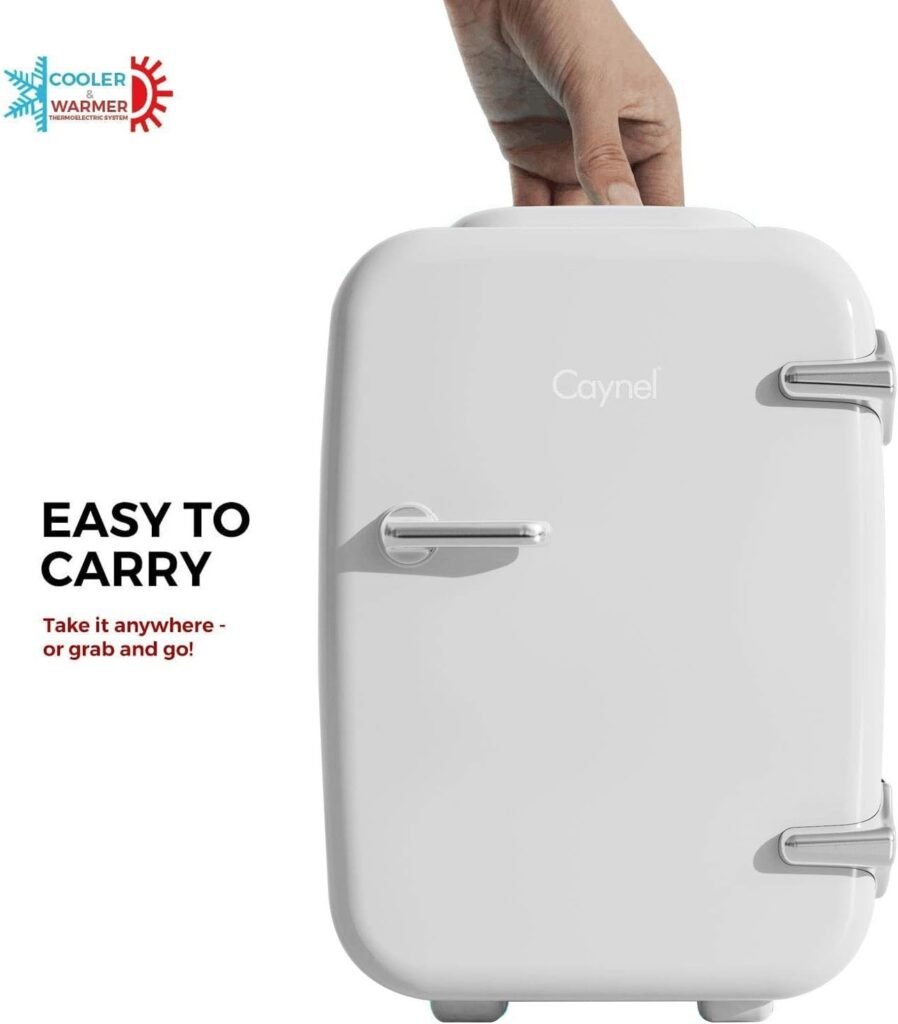Mini frigorifero e riscaldatore CAYNEL (4 litri/6 lattine) - Frigorifero personale compatto portatile, Ecologico e domestico, Termoelettrico CA/CC, 100% privo di freon.